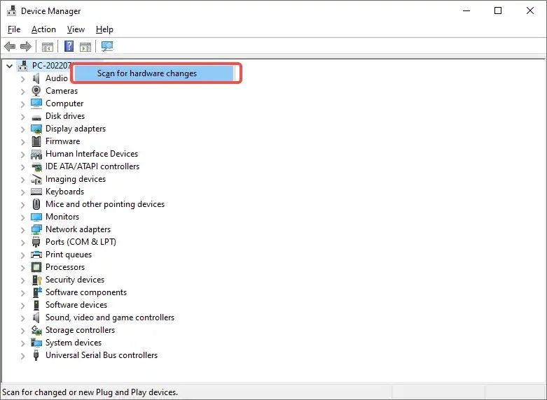 하드웨어 변경 사항 검색